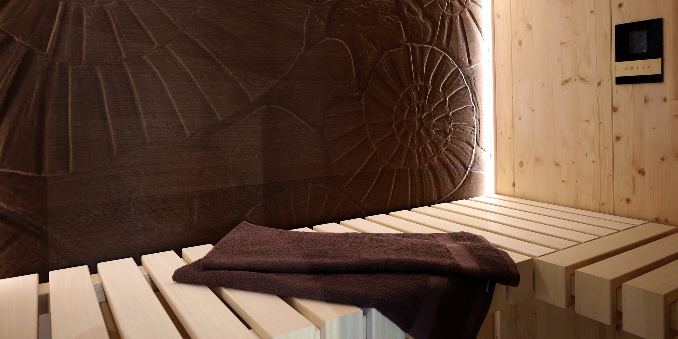 Sommer-Sale auf Saunen, Sauna mit extravaganter Rückwand mit Fossil Art