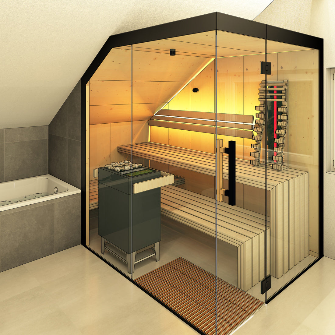 Visualisierung mit professionellem CAD-Programm, Innensauna in Badezimmer