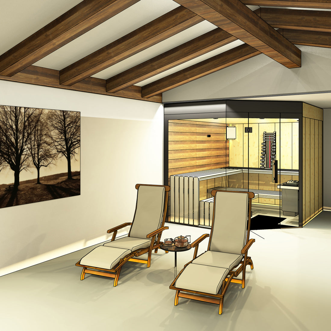 Visualisierung mit professionellem CAD-Programm, Innensauna in Wohnraum mit Ruhebereich