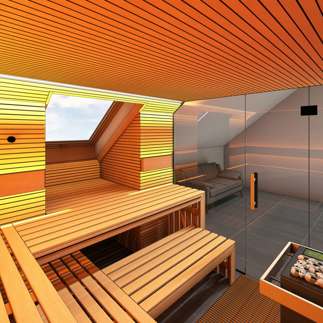 Visualisierung mit professionellem CAD-Programm, Innensauna mit integriertem Dachfenster in Dachschräge 