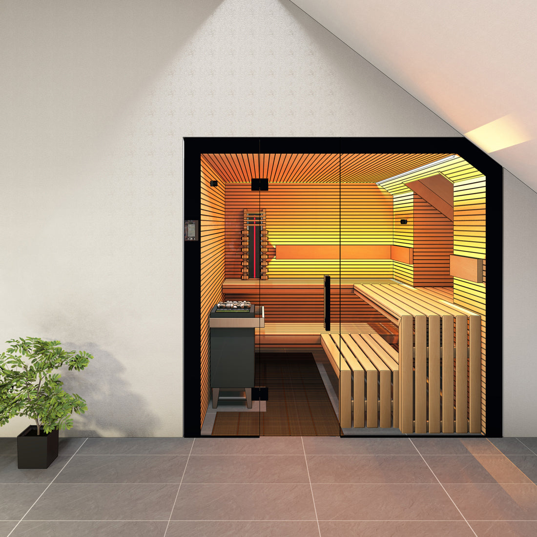 Visualisierung mit professionellem CAD-Programm, Innensauna mit integriertem Dachfenster in Dachschräge 