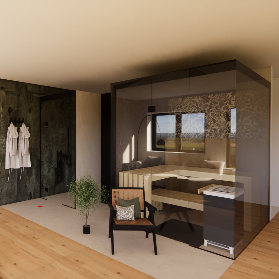 Renderings neue Ausstellung in Rickenbach, Dampfbad, Dampfdusche, Sauna