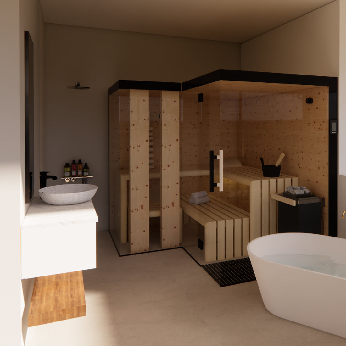 Renderings neue Ausstellung in Rickenbach, Bad mit Sauna
